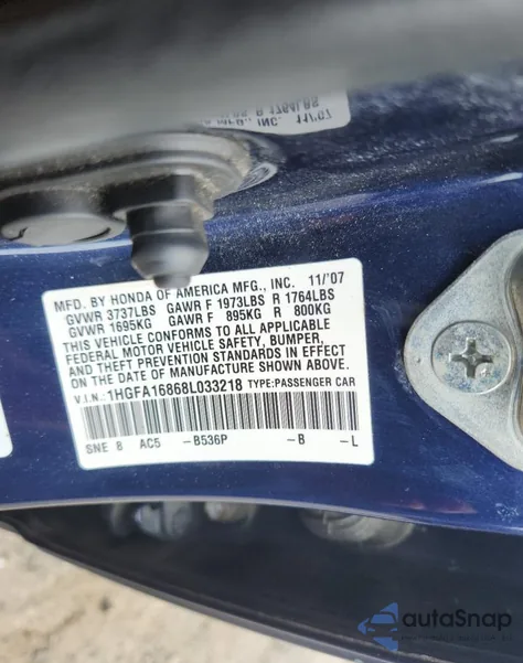 2008 Honda Civic Ex из США, поврежденный, VIN 1HGFA16868L033218